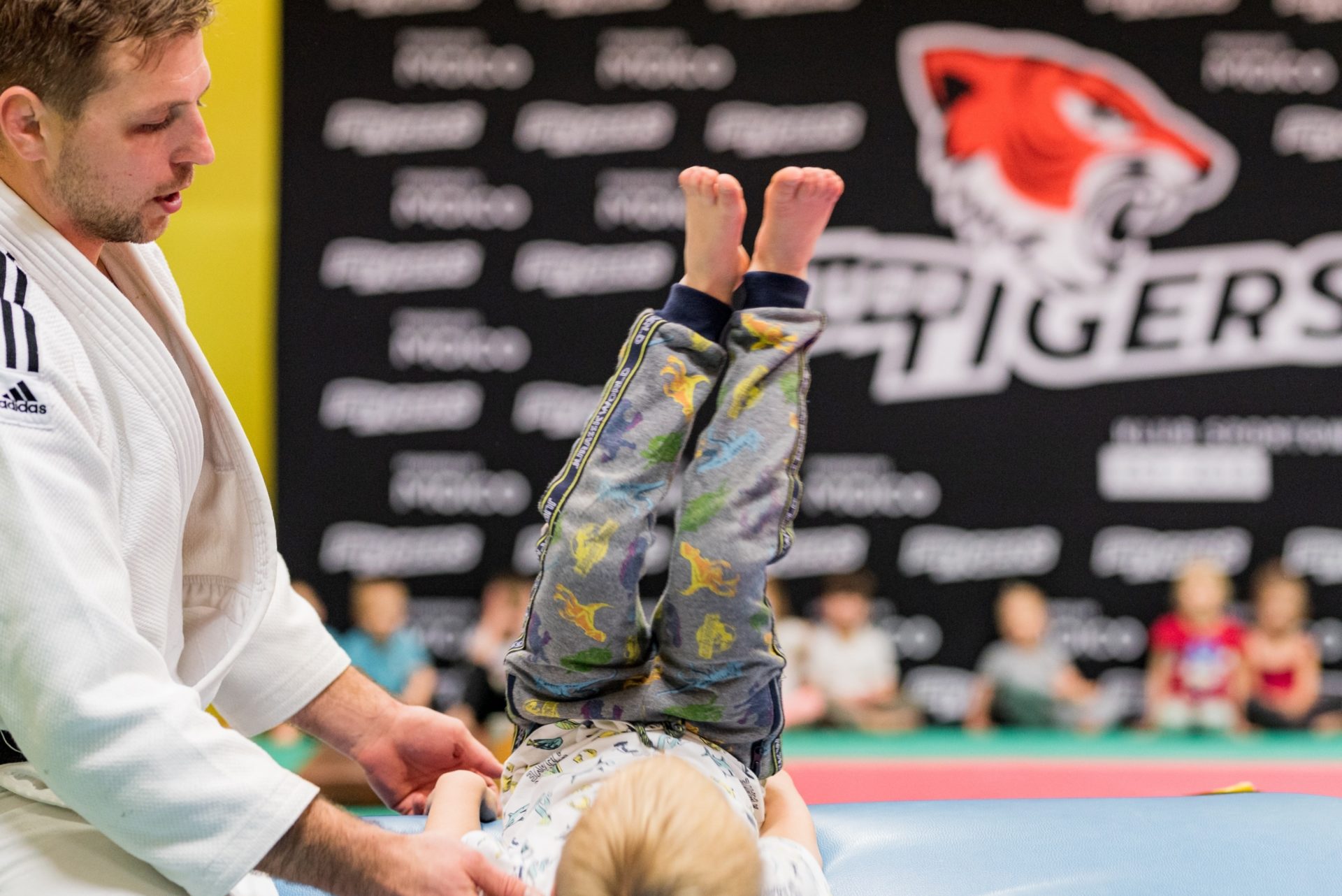 Trening Judo Tigers. Nauka padów judo w grupie dzieci przeszkolnych (sport dla dzieci)