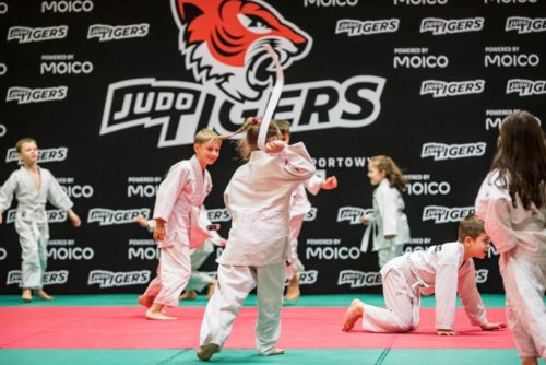 Trening Judo Tigers. Zabawa w berka w grupie dzieci szkolnych