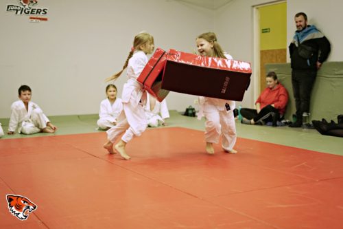 Dzieci podczas zabawy na treningu judo z okazji mikołajek w sekcji w Strzelinie (Judo Tigers)